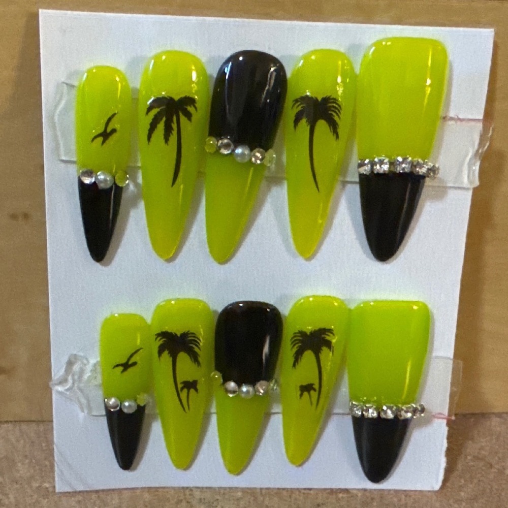 Neon Yellow‎ Black Palm Tree Press On Nails Rhinestone Tropical Summer Stiletto